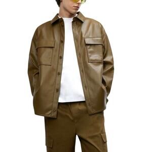 Oak+Fort Faux Leather Brown Shirt Jacket Front Button Long Sleeve Mens XS/S NWOT